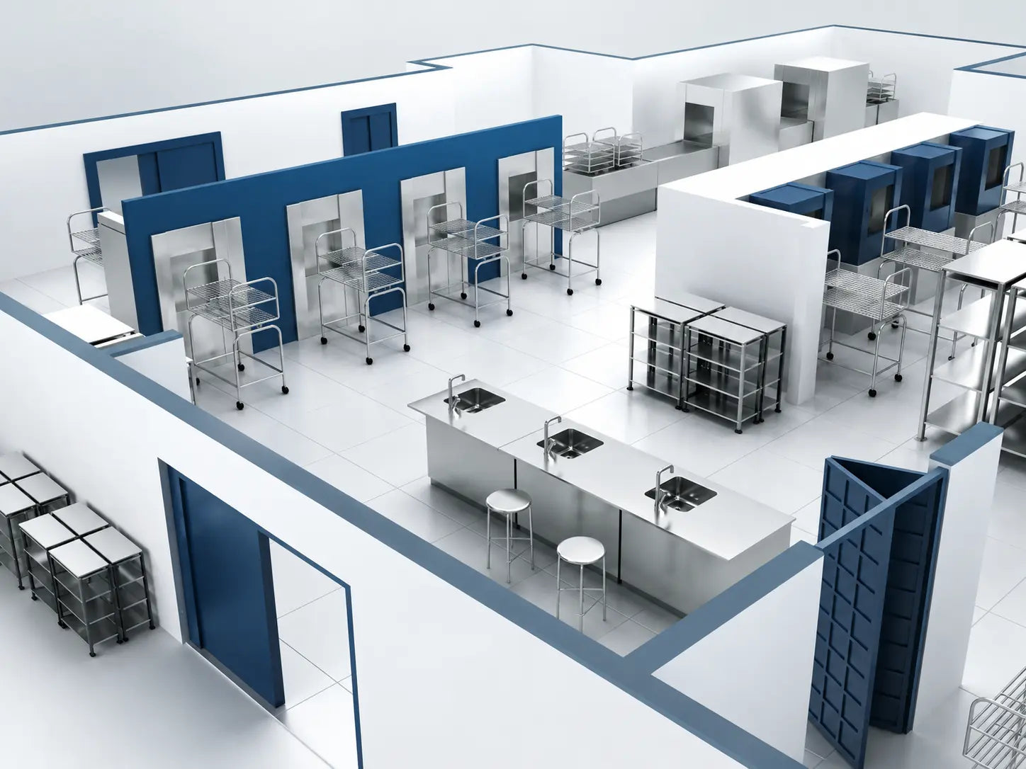 Stainless steel racks and mobile racks in a cleanroom and CSSD facility