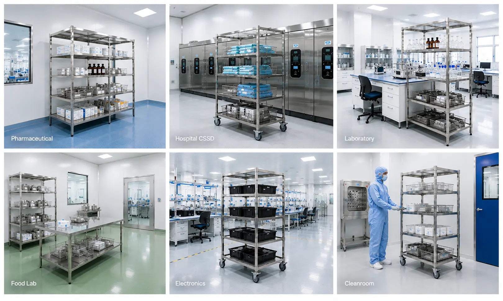 Stainless steel racks for pharmaceutical facilities, hospital CSSD, laboratories, food laboratories, electronics production, and cleanrooms